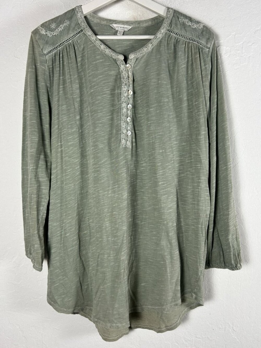 Lucky Brand Womens Sage Green Floral Embroidered Long Sleeve Henley Tunic Top XL